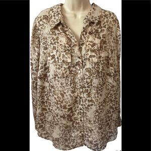 Roz Ali 1X Button Down Blouse Beige Brown Animal Print Long Sleeve Collared